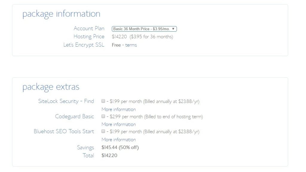 website bluehost package