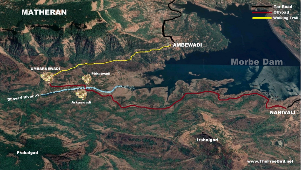 Umbarnewadi location - Umbarne wadi location. Route for Pisarnath ladder trek route to Matheran
