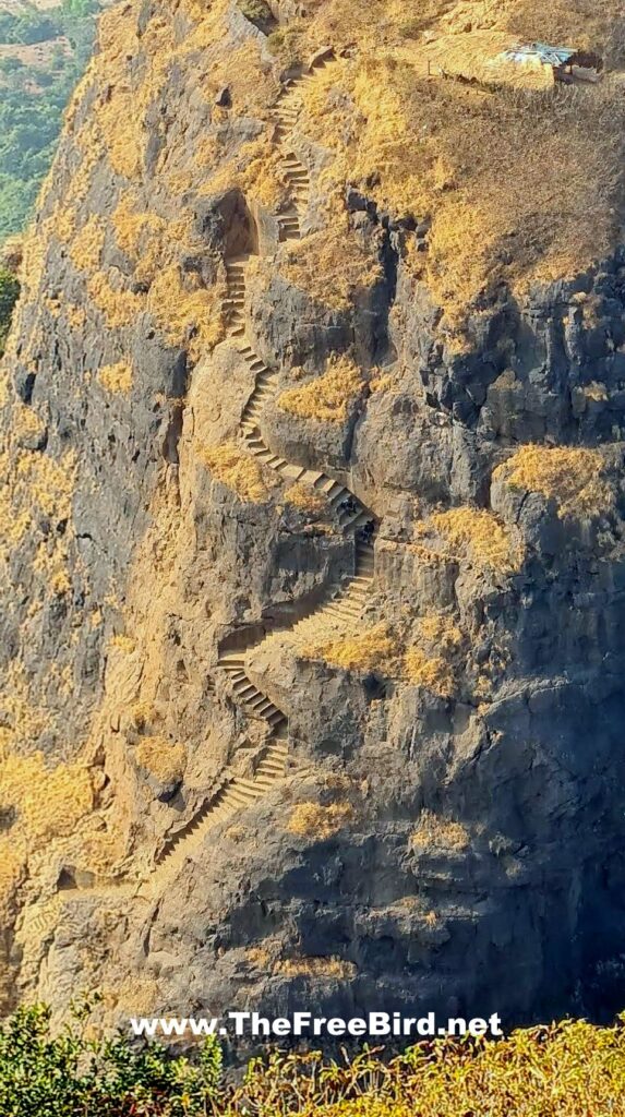 Famous view of Kalavantin Durg vertical stairs from Prabalgad