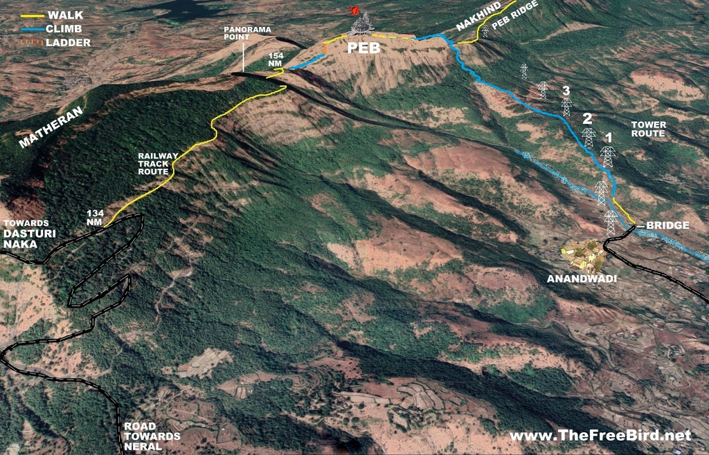 peb trek route map from anandwadi tower route and peb trek map from 134 NM railway track route from Matheran. vikatgad route map