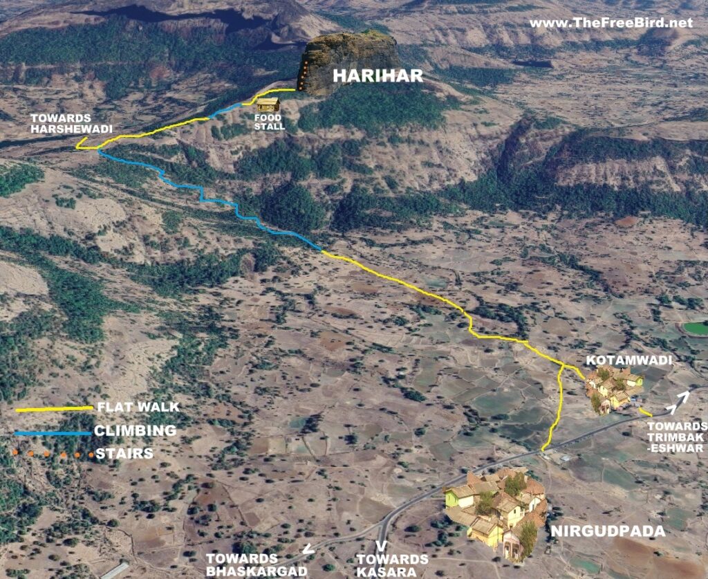 Harihar fort trek map from Nirgudpada Kotamwadi, How to reach Harihar from Mumbai, Pune & nashik